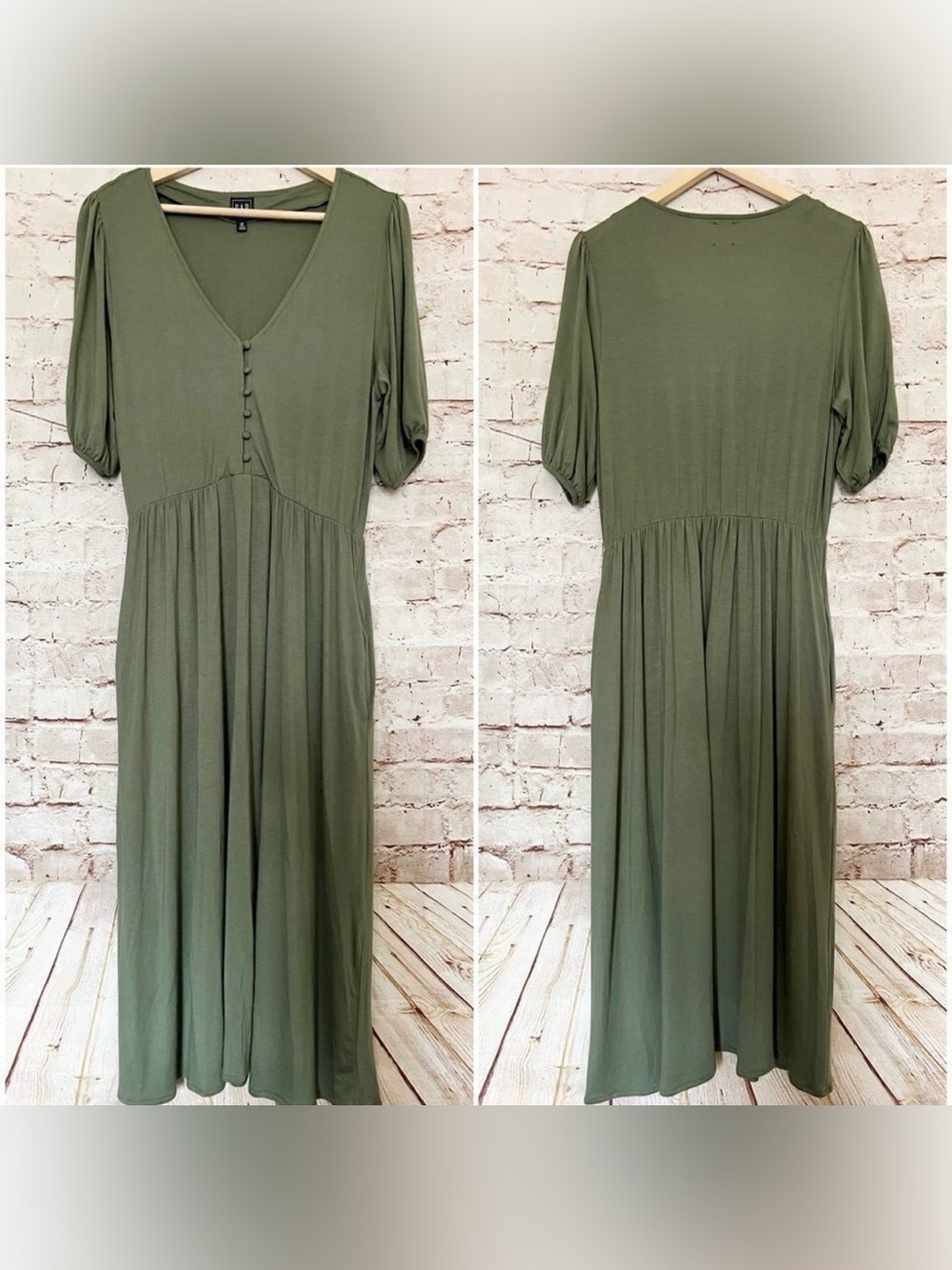 GAP Olive Green V-Neck Midi Dress with Covered Buttons